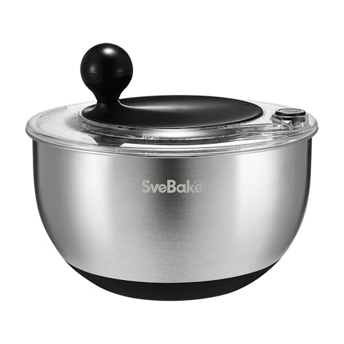 SveBake 53Qt Stainless Steel Salad Spinner with Stop Button BPAFree Vegetable Lettuce Spinner Transparent Lid  Drainage Hole NonSlip Base Dishwasher Safe Fruit Washer
