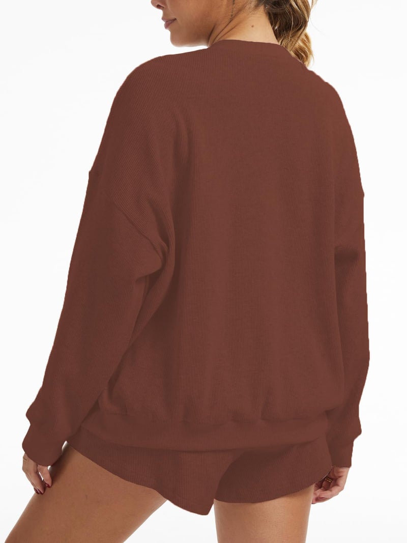 AnotherChill Women's Oversized Waffle Knit Lounge Set Long Sleeve Sweatshirt and High Waisted Shorts 2 Piece Casual Outfit (Brown, Medium) - Image 3
