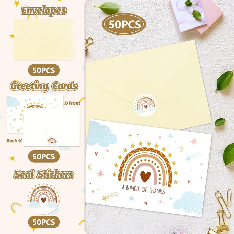 rolyta 50 Pcs Baby Shower Thank You Cards 4 x 6 Boho Rainbow Greeting Cards with Envelopes and Seal Stickers for Baby Shower Gender Reveal Party Graduation Birthday Parties Blank Inside - Image 4