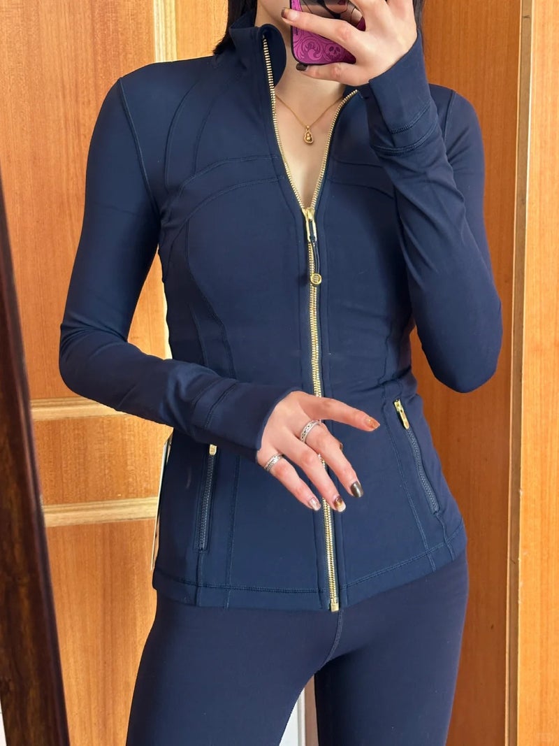كوينج 2024 New No Mesh Defin Gold Zipper Yoga Suit Womens Outdoor Sports Collar Scrub Jacket Coat Navy blue gold zipper