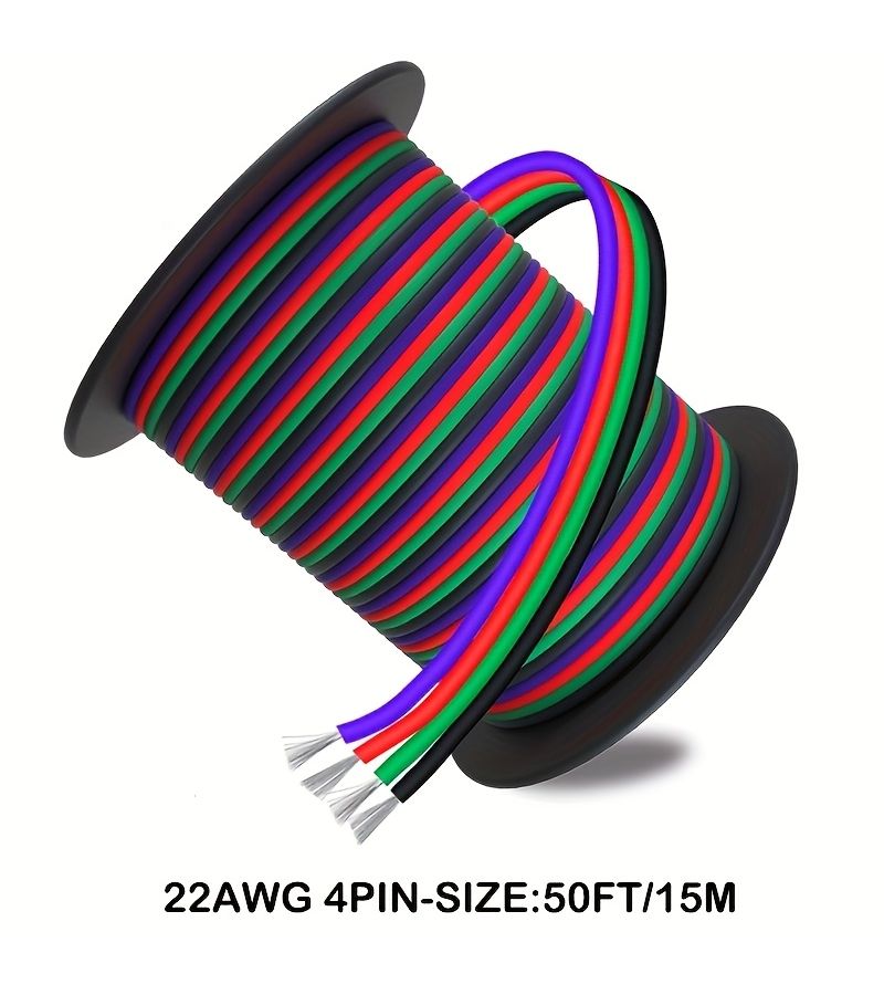 22AWG 4 Pin RGB Extension Cable 50Ft 15M Tinned Copper Wire for 3528 5050 LED Strip - Image 3