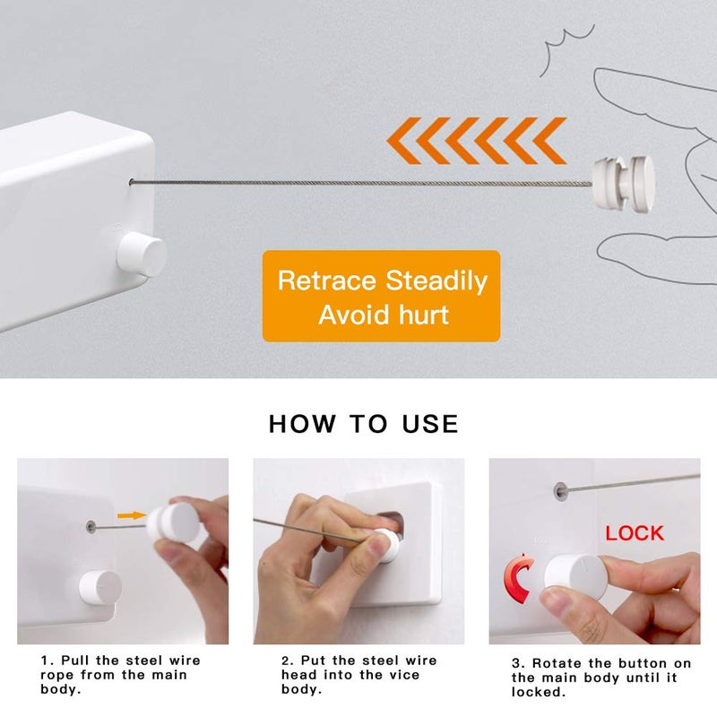 BESy Retractable Clothesline ABS case+Aluminum Dryer with Adjustable Stainless Steel Double Rope String Hotel Style Heavy Duty,Wall Mounted Method, 13.8 Feets,White - Image 3