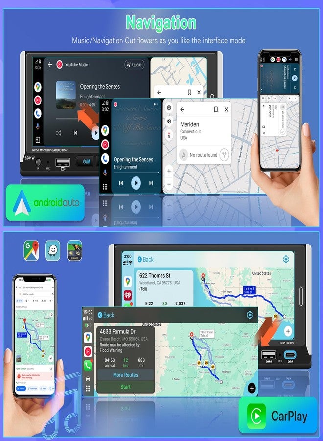 نظام Apple CarPlay لاسلكي، راديو سيارة أحادي DIN، نظام ستيريو للسيارة بشاشة لمس IPS عالية الدقة 6.86 بوصة، بلوتوث 5.2، Android Auto، منفذي USB وشحن سريع، كاميرا خلفية، راديو FM، معادل صوت DSP، مضخم صوت - Image 5