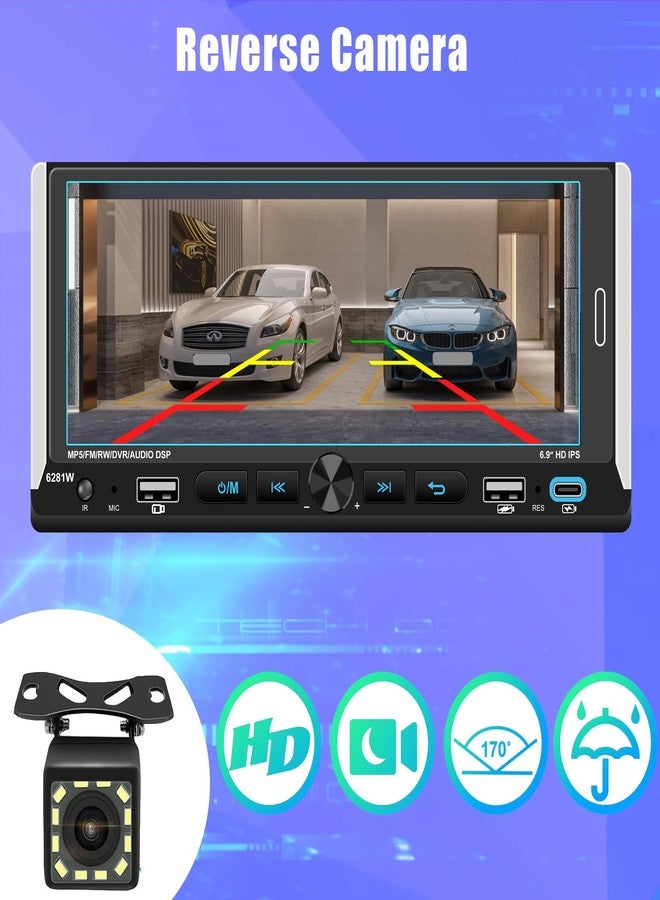 نظام Apple CarPlay لاسلكي، راديو سيارة أحادي DIN، نظام ستيريو للسيارة بشاشة لمس IPS عالية الدقة 6.86 بوصة، بلوتوث 5.2، Android Auto، منفذي USB وشحن سريع، كاميرا خلفية، راديو FM، معادل صوت DSP، مضخم صوت - Image 3