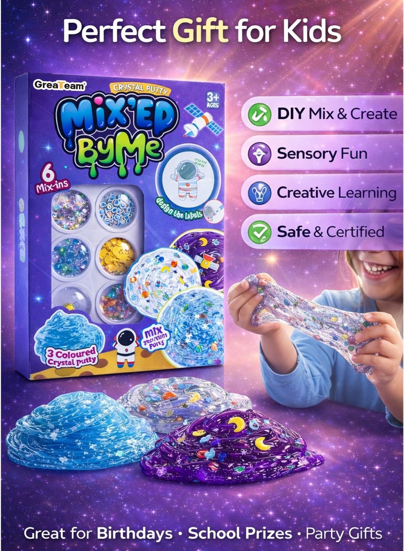 Greateam Mix By Me Crystal Putty Cosmonaut DIY Slime Kit 88-90G 3 Colored Crystal Slime with 6 Space Mix-Ins Stars Planets Moons Satellite Beads Glitter Stretchy Clear Putty Sensory Fidget Toy for Kids Boys Girls Ages 3+ Creative Learning Educational Toy EN71 Certified Safe Non-Toxic Extended Play Birthday Gift Party Favor School Prize - Image 5