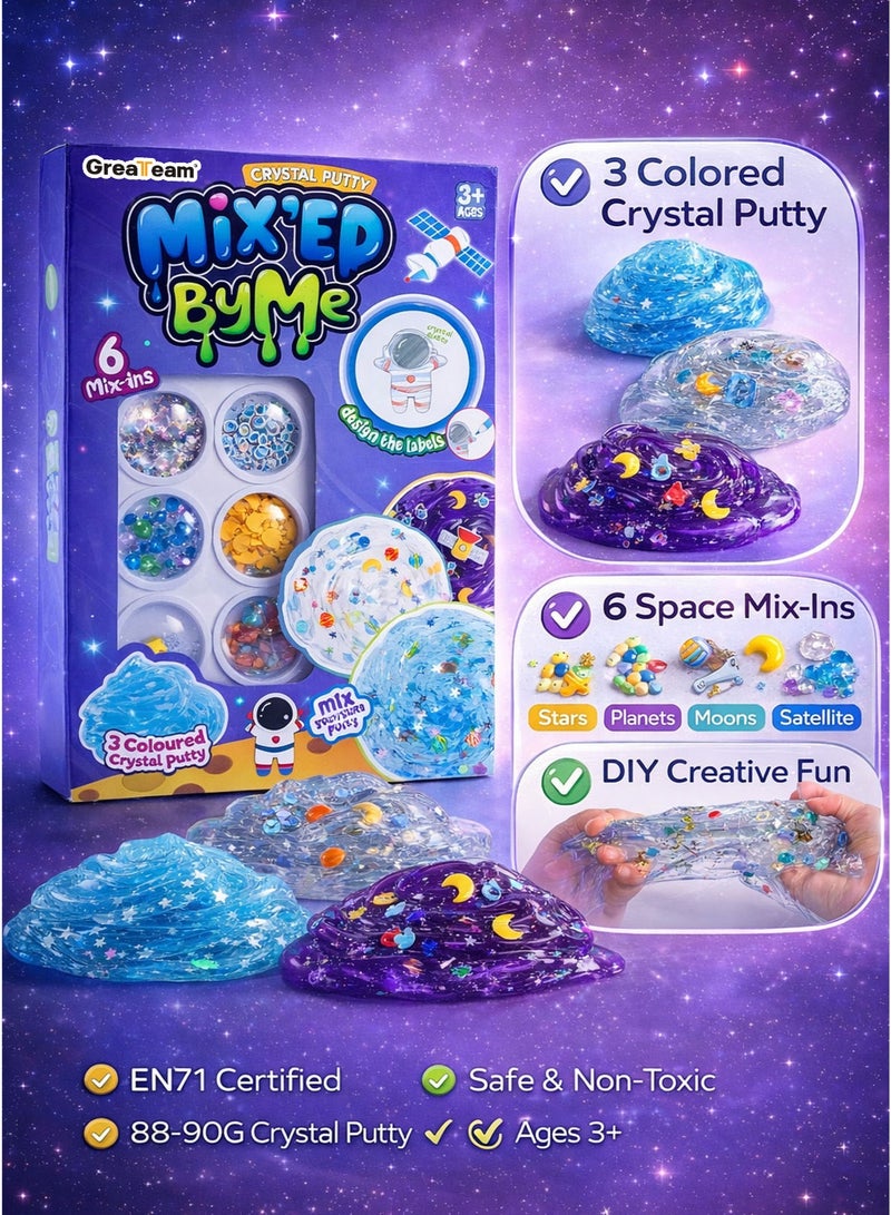 Greateam Mix By Me Crystal Putty Cosmonaut DIY Slime Kit 88-90G 3 Colored Crystal Slime with 6 Space Mix-Ins Stars Planets Moons Satellite Beads Glitter Stretchy Clear Putty Sensory Fidget Toy for Kids Boys Girls Ages 3+ Creative Learning Educational Toy EN71 Certified Safe Non-Toxic Extended Play Birthday Gift Party Favor School Prize - Image 2