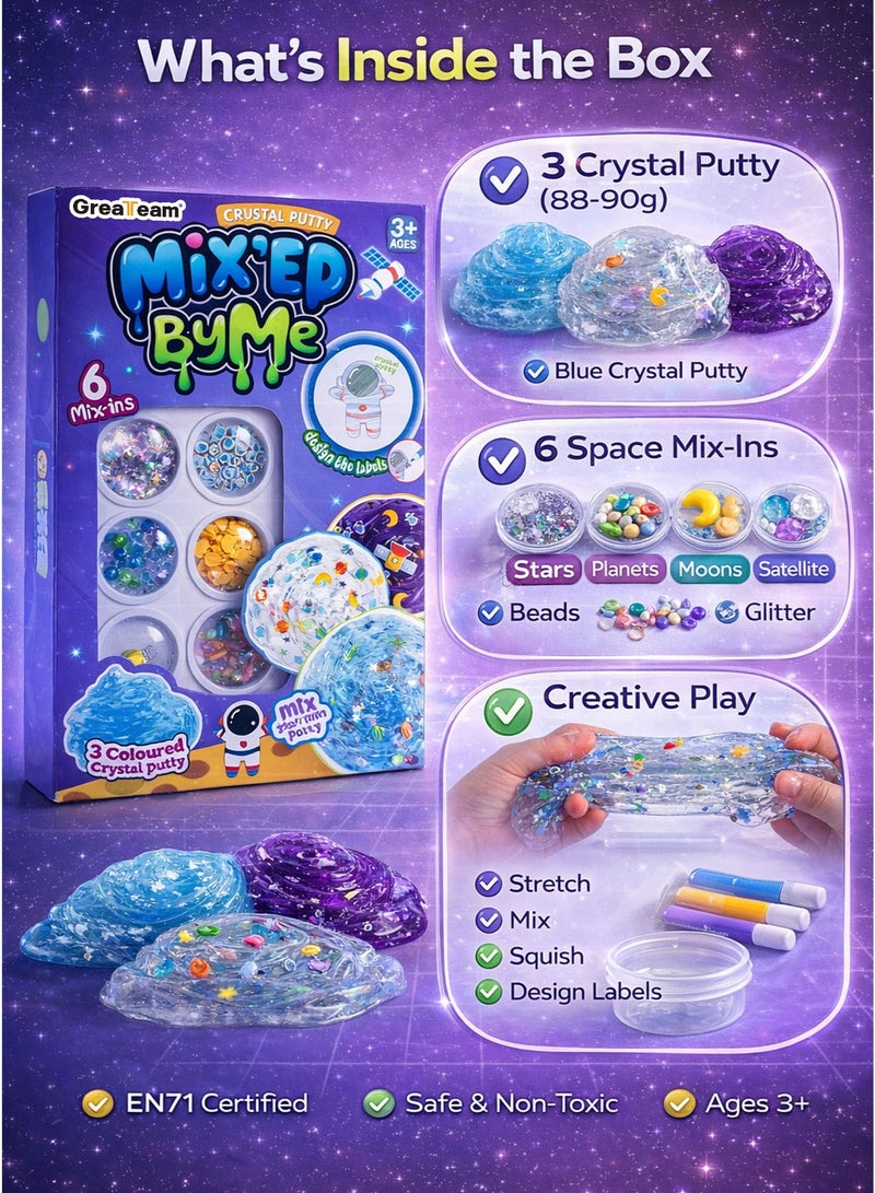 Greateam Mix By Me Crystal Putty Cosmonaut DIY Slime Kit 88-90G 3 Colored Crystal Slime with 6 Space Mix-Ins Stars Planets Moons Satellite Beads Glitter Stretchy Clear Putty Sensory Fidget Toy for Kids Boys Girls Ages 3+ Creative Learning Educational Toy EN71 Certified Safe Non-Toxic Extended Play Birthday Gift Party Favor School Prize - Image 3