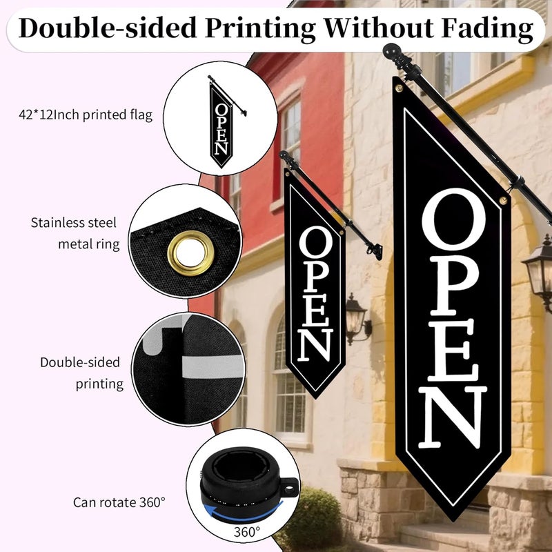 yeload 2 Pack OPEN Flag with Pole Kit - Heavy Duty Canvas Open Banner for Business Storefront, 42x12 Inch Outdoor Double-Sided Sign with Bracket - Advertising Signage for Retail & Shops (Black) - Image 3