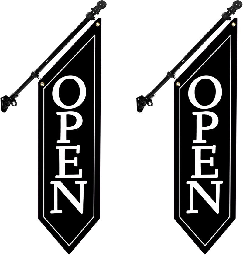 yeload 2 Pack OPEN Flag with Pole Kit - Heavy Duty Canvas Open Banner for Business Storefront, 42x12 Inch Outdoor Double-Sided Sign with Bracket - Advertising Signage for Retail & Shops (Black) - Image 1