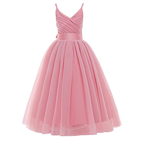 Glamulice Dusty Rose Flower Girl Dress Lace Bridesmaid Long A Line Wedding Pageant Dresses 8 Dusty Pink Tulle Spaghetti Strap Kids Formal Dance Communion Ball Gown Elegant Evening Party Prom Gown Gala - Image 1