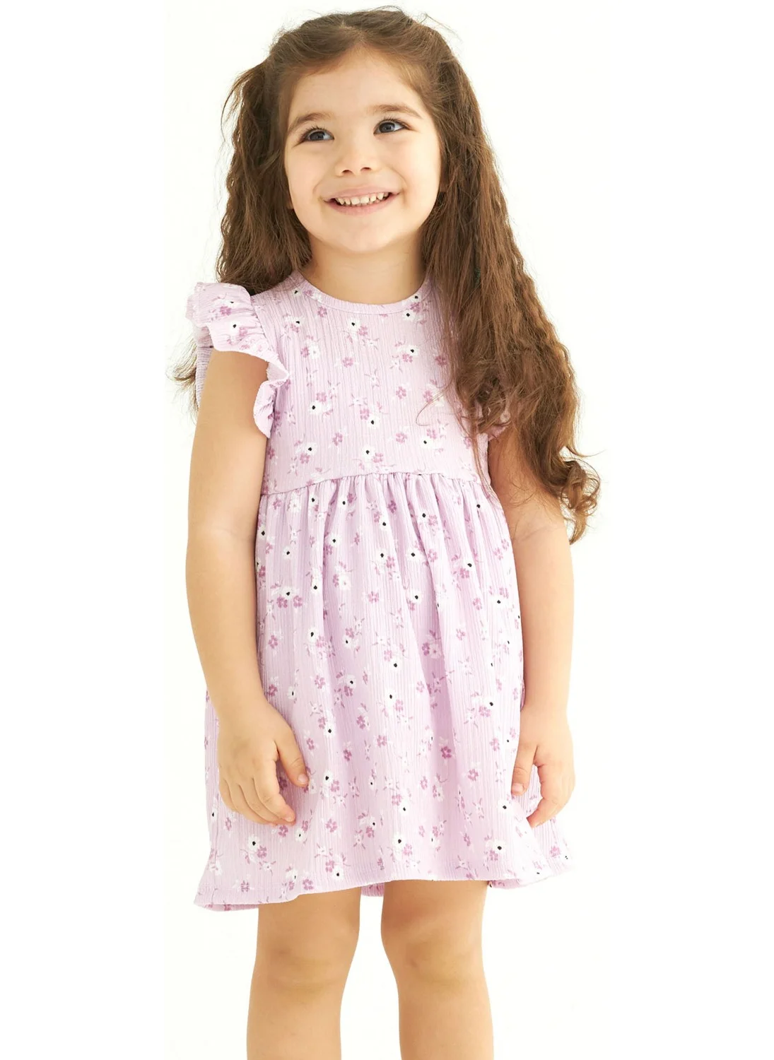 Zepkids Girls Lilac Colored Polka Dot Patterned Ruffle Sleeve Dress