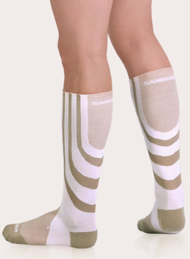 SANKOM Patent Active Compression Socks – Antibacterial White & Beige – Clinically Proven to Improve Blood Circulation, Reduce Swelling & Fatigue – Hypoallergenic, Breathable, Padded Heel & Toe – Ideal for Travel, Workout, Pregnancy & Daily Wear  - Image 4