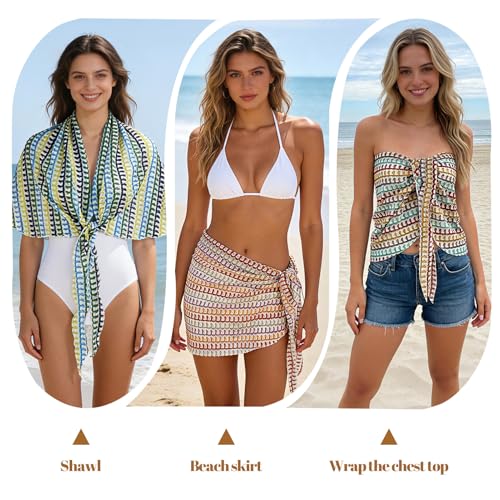 FeelfunFeather Swimsuit Coverup for Women, Beach Vacation Sarong Wraps Skirt Sheer Bikini Cover Up - Light Color Block - Image 5