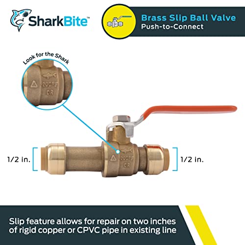 SharkBite 1/2 Inch Slip Ball Valve, Push to Connect Brass Plumbing Fitting, PEX Pipe, Copper, CPVC, PE-RT, HDPE, 24735LF - Image 2