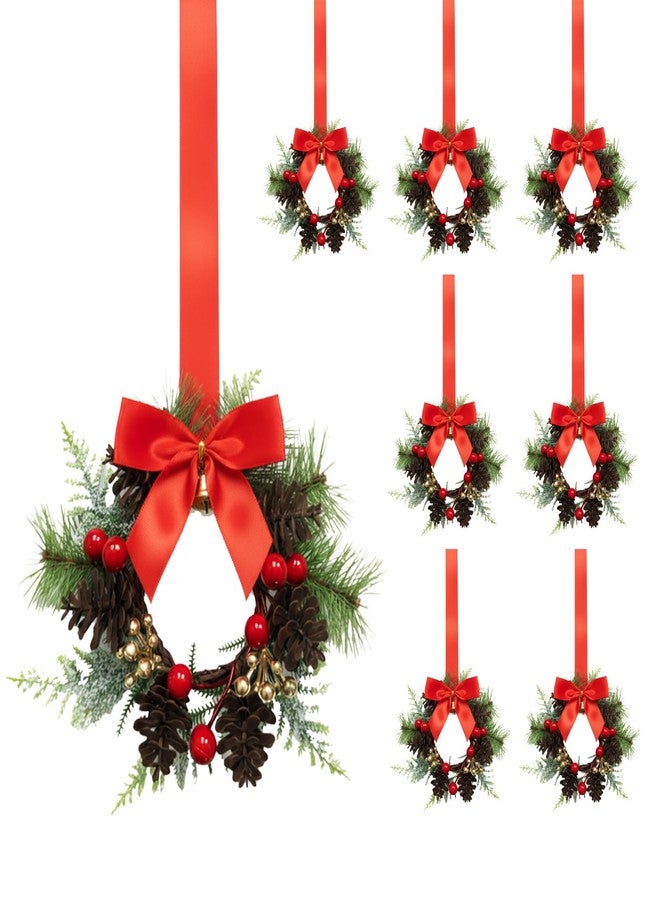 Janinka 8 Pcs Mini Christmas Wreath Small Cabinet Wreaths for Kitchen with Pine Berry Ribbon Bow Mini Christmas Farmhouse Decor for Holiday Xmas Party Porch Wall Window Door 7.87"(Pinecone Style) - Image 1