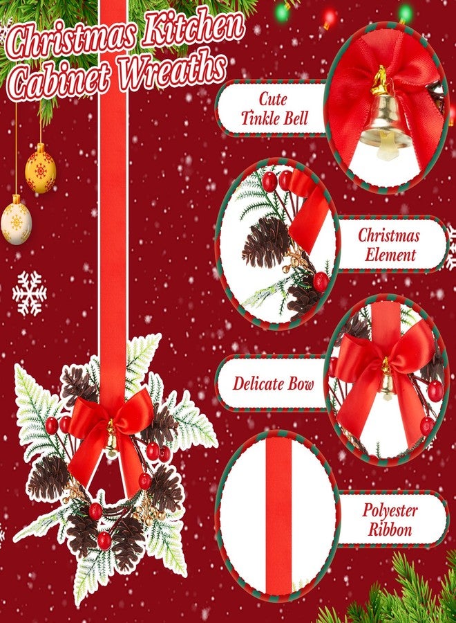 Janinka 8 Pcs Mini Christmas Wreath Small Cabinet Wreaths for Kitchen with Pine Berry Ribbon Bow Mini Christmas Farmhouse Decor for Holiday Xmas Party Porch Wall Window Door 7.87"(Pinecone Style) - Image 3