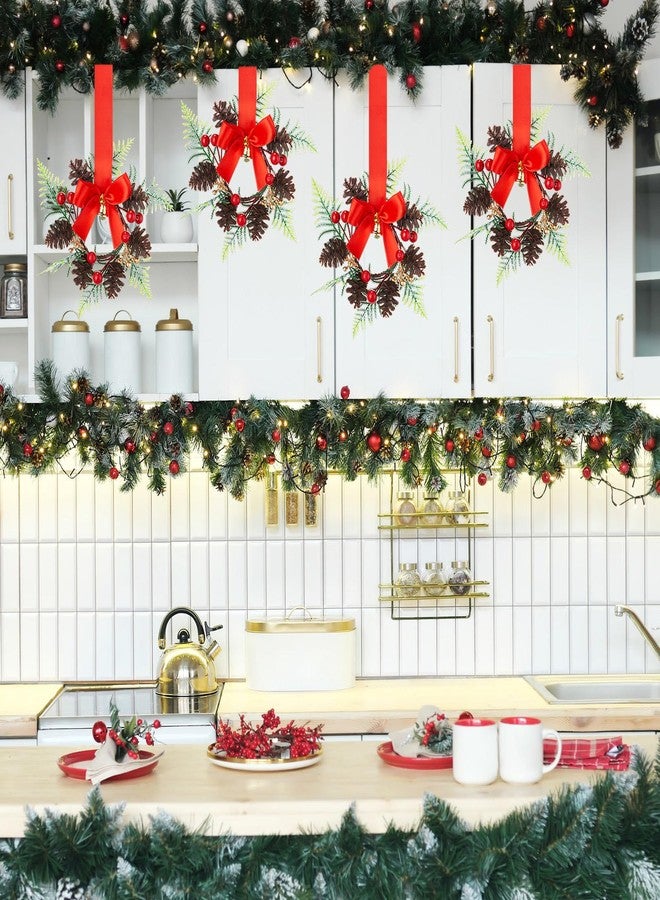 Janinka 8 Pcs Mini Christmas Wreath Small Cabinet Wreaths for Kitchen with Pine Berry Ribbon Bow Mini Christmas Farmhouse Decor for Holiday Xmas Party Porch Wall Window Door 7.87"(Pinecone Style) - Image 4