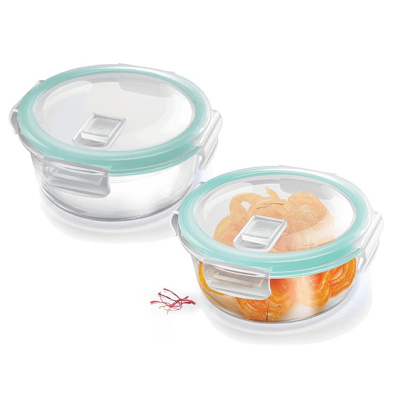 Treo By Milton Hi Borosilicate Clip Fresh Round Glass Container, Set of 2, 400 ml Each, Transparent | BPA Free | Microwave Safe/Oven Safe | Refrigerator Safe | Dishwasher Safe | Air Tight | Stackable - Image 1
