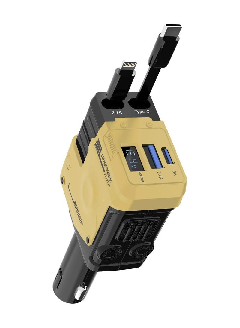 Raxoom 4 in 1 Retractable Phone Charger with 66W, 2 Retractable Cables & 2 USB Port Car Accessories for Women Men, USBC Car Charger Fast Charging for iPhone 16 15 14 13 12, Yellow - Image 1