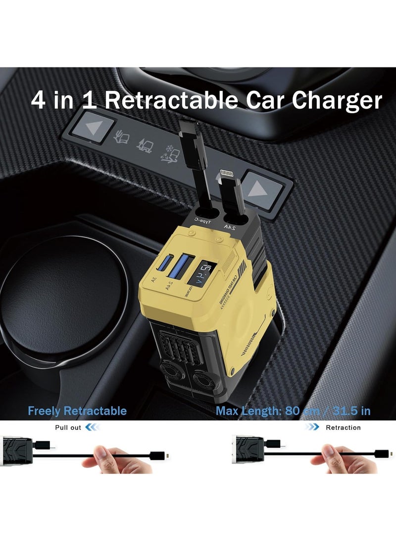 Raxoom 4 in 1 Retractable Phone Charger with 66W, 2 Retractable Cables & 2 USB Port Car Accessories for Women Men, USBC Car Charger Fast Charging for iPhone 16 15 14 13 12, Yellow - Image 2