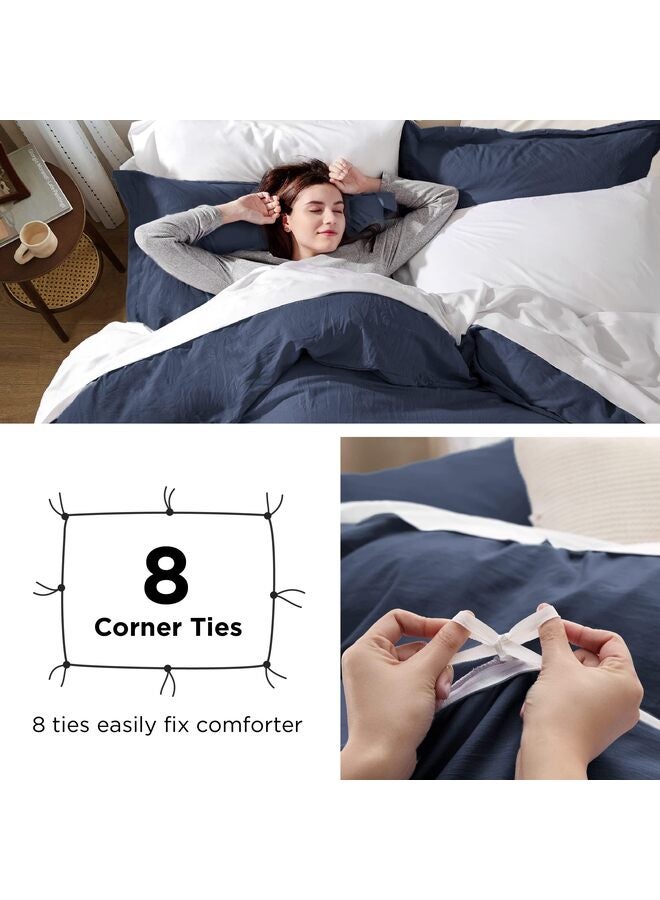 غطاء لحاف أزرق داكن بحجم كوين مجموعة مفروشات ناعمة مزدوجة للأطفال والكبار، إغلاق بسحاب، 4 قطع - Image 3