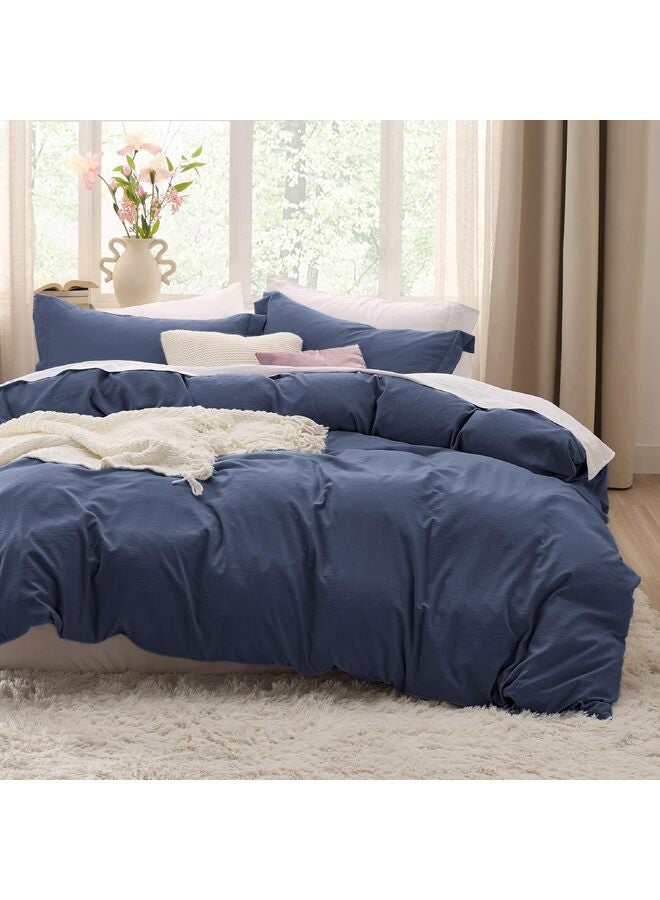 غطاء لحاف أزرق داكن بحجم كوين مجموعة مفروشات ناعمة مزدوجة للأطفال والكبار، إغلاق بسحاب، 4 قطع - Image 4