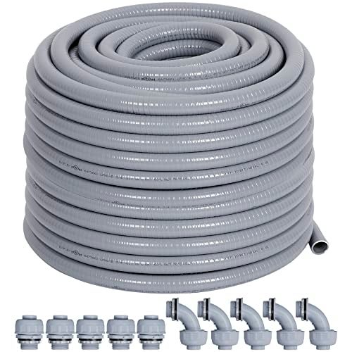 Neorexon 1/2" Liquid-Tight PVC Conduit Kit, 100ft with 10 Connectors, Grey, 5 Straight & 5 90-Degree Fittings, UL Certified, Flexible, Easy Installation, Multi-Application - Image 1