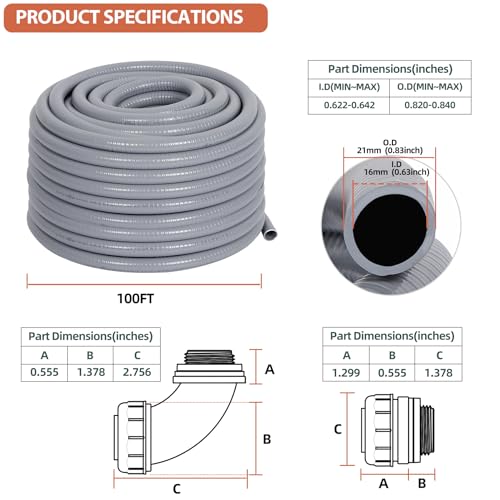 Neorexon 1/2" Liquid-Tight PVC Conduit Kit, 100ft with 10 Connectors, Grey, 5 Straight & 5 90-Degree Fittings, UL Certified, Flexible, Easy Installation, Multi-Application - Image 2