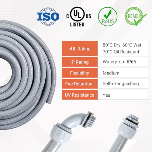 Neorexon 1/2" Liquid-Tight PVC Conduit Kit, 100ft with 10 Connectors, Grey, 5 Straight & 5 90-Degree Fittings, UL Certified, Flexible, Easy Installation, Multi-Application - Image 4