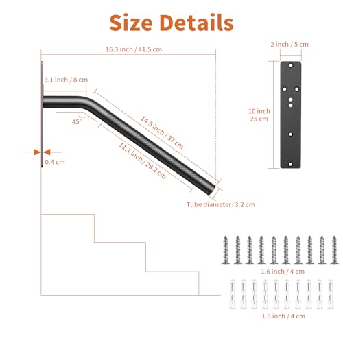 Munzong 2 Pack 16 Inch Stair Handrails for 1-3 Steps, Munzong Black Stainless Steel Hand Rail for Stairs, Wall Mounted Knurled Safety Grab Bar for Outdoor Garage Entry Interior Exterior Stairway- 1.25” Tube - Image 2