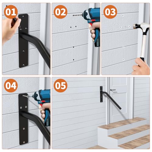Munzong 2 Pack 16 Inch Stair Handrails for 1-3 Steps, Munzong Black Stainless Steel Hand Rail for Stairs, Wall Mounted Knurled Safety Grab Bar for Outdoor Garage Entry Interior Exterior Stairway- 1.25” Tube - Image 3