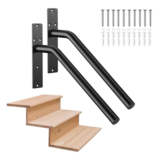 Munzong 2 Pack 16 Inch Stair Handrails for 1-3 Steps, Munzong Black Stainless Steel Hand Rail for Stairs, Wall Mounted Knurled Safety Grab Bar for Outdoor Garage Entry Interior Exterior Stairway- 1.25” Tube - Image 1