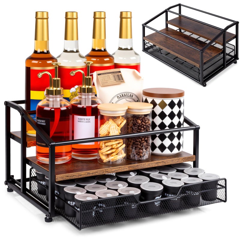 kimilus Coffee Syrup Rack Organizer, 3-Tier 8 Bottle Syrup Rack with 35 K Cup Drawer for Coffee Bar, Countertop Bottle Holder Stand for Dressing for Kitchen Cafe Station - Image 1