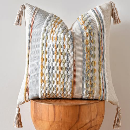 AmHoo Chenille Striped Textured Boho Throw Pillow Covers Aesthetic with Tassels Woven Decorative Pillow Case for Couch Bed Sofa Bedroom Modern Funky 18 x 18Inch Grey - Image 1