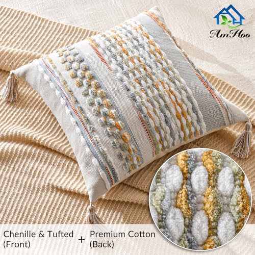 AmHoo Chenille Striped Textured Boho Throw Pillow Covers Aesthetic with Tassels Woven Decorative Pillow Case for Couch Bed Sofa Bedroom Modern Funky 18 x 18Inch Grey - Image 3