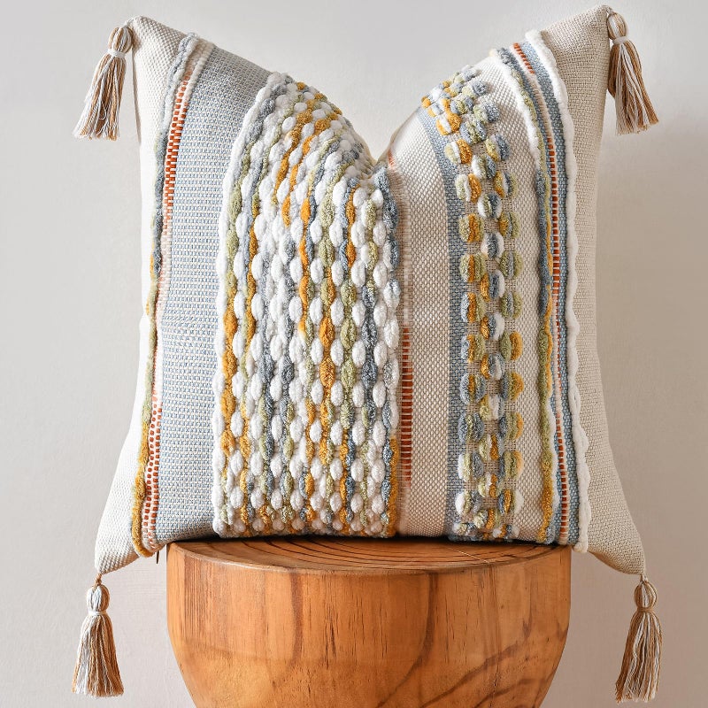 AmHoo Chenille Striped Textured Boho Throw Pillow Covers Aesthetic with Tassels Woven Decorative Pillow Case for Couch Bed Sofa Bedroom Modern Funky 18 x 18Inch Grey - Image 2