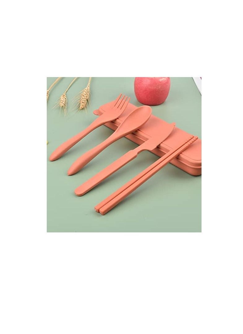 Generic Utensils Set with Case 4 Sets Wheat Straw Travel Cutlery Set Portable Spoon Knife Fork Chopsticks Lunch Box Utensil Set for Kids Adults  - Image 1