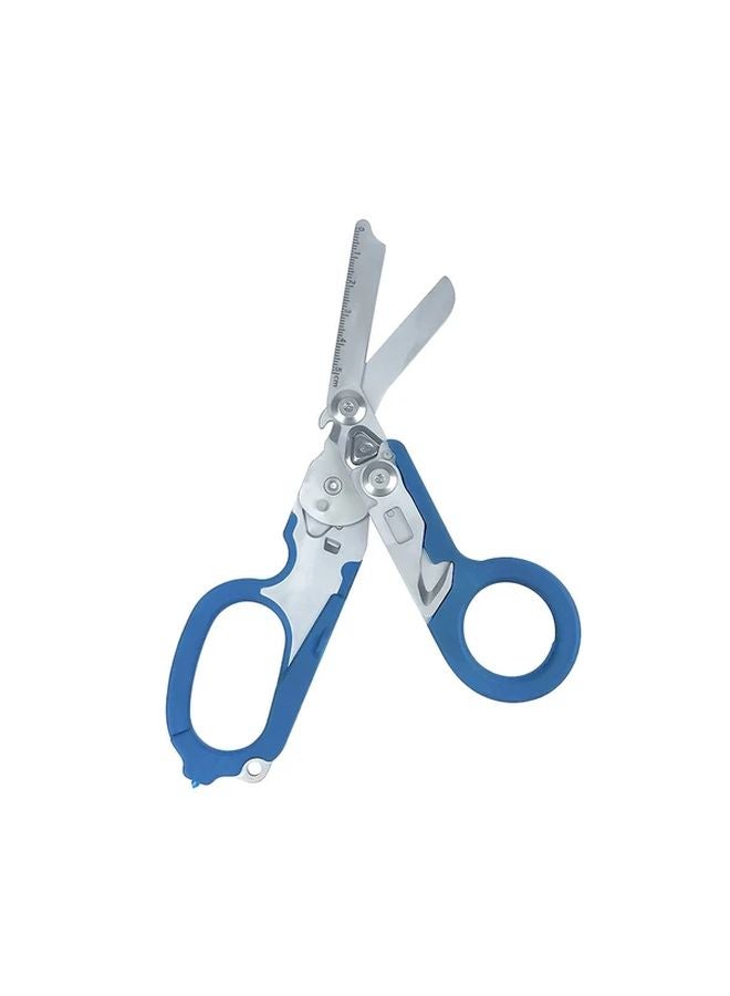 Blue 6 In 1 Stainless Steel Folding Scissors With Cutter And Glass Breaker Multitool - Image 1