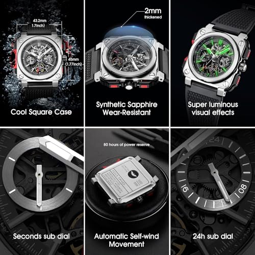 FEICE FM507 Men’s Automatic Skeleton Watch Mechanical Calendar Mens Wristwatch Square Sport Luminous Clock Watches 10ATM Waterproof Watches - Image 5
