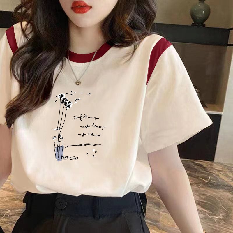 Shoulder Short-sleeved T-shirt Women's Loose chubby girl Belly Covering Cotton T-shirt 2024 Summer plus size Contrast Color Half-sleeved Top INS - Image 2