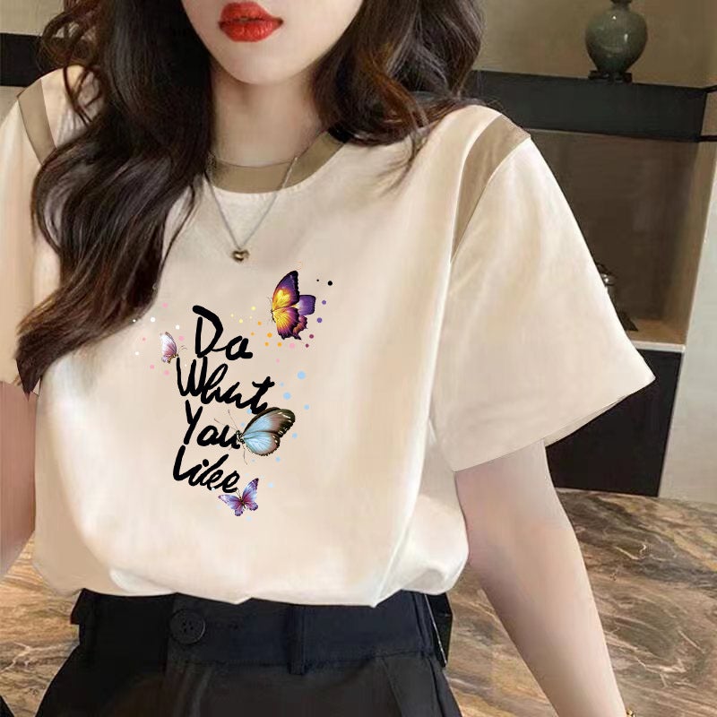 Shoulder Short-sleeved T-shirt Women's Loose chubby girl Belly Covering Cotton T-shirt 2024 Summer plus size Contrast Color Half-sleeved Top INS - Image 4