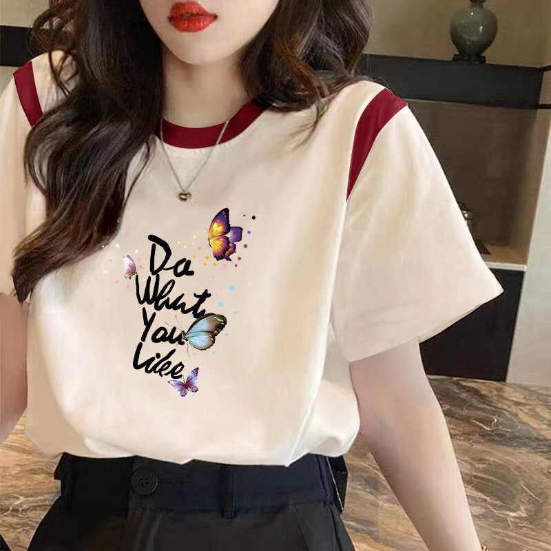 Shoulder Short-sleeved T-shirt Women's Loose chubby girl Belly Covering Cotton T-shirt 2024 Summer plus size Contrast Color Half-sleeved Top INS - Image 3