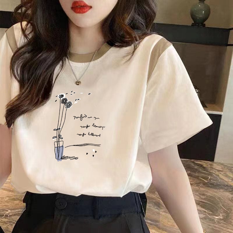 Shoulder Short-sleeved T-shirt Women's Loose chubby girl Belly Covering Cotton T-shirt 2024 Summer plus size Contrast Color Half-sleeved Top INS - Image 5
