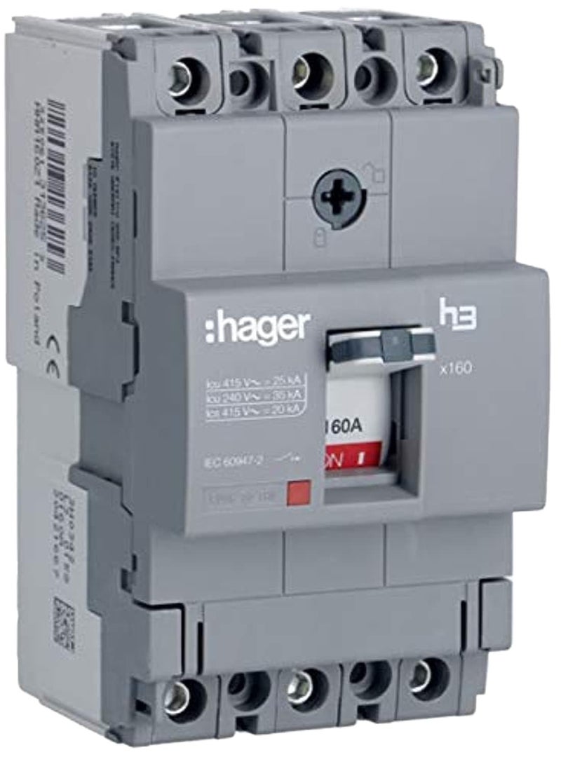 Hager Moulded Case Circuit Breaker MCCB, 3 Pole, 160A, 25kA (HHA160Z) – Made in EU
