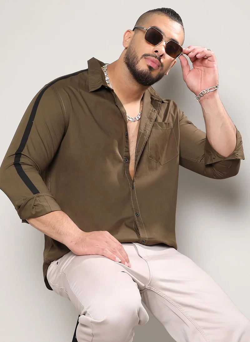 Instafab Plus Instafab Plus Men's Olive Green Side Striped Shirt For Casual Wear | Spread Collar | Long Sleeve | Button Closure | Shirt Crafted With Comfort Fit For Everyday Wear
