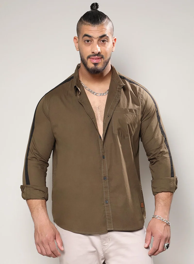 Instafab Plus Instafab Plus Men's Olive Green Side Striped Shirt For Casual Wear | Spread Collar | Long Sleeve | Button Closure | Shirt Crafted With Comfort Fit For Everyday Wear