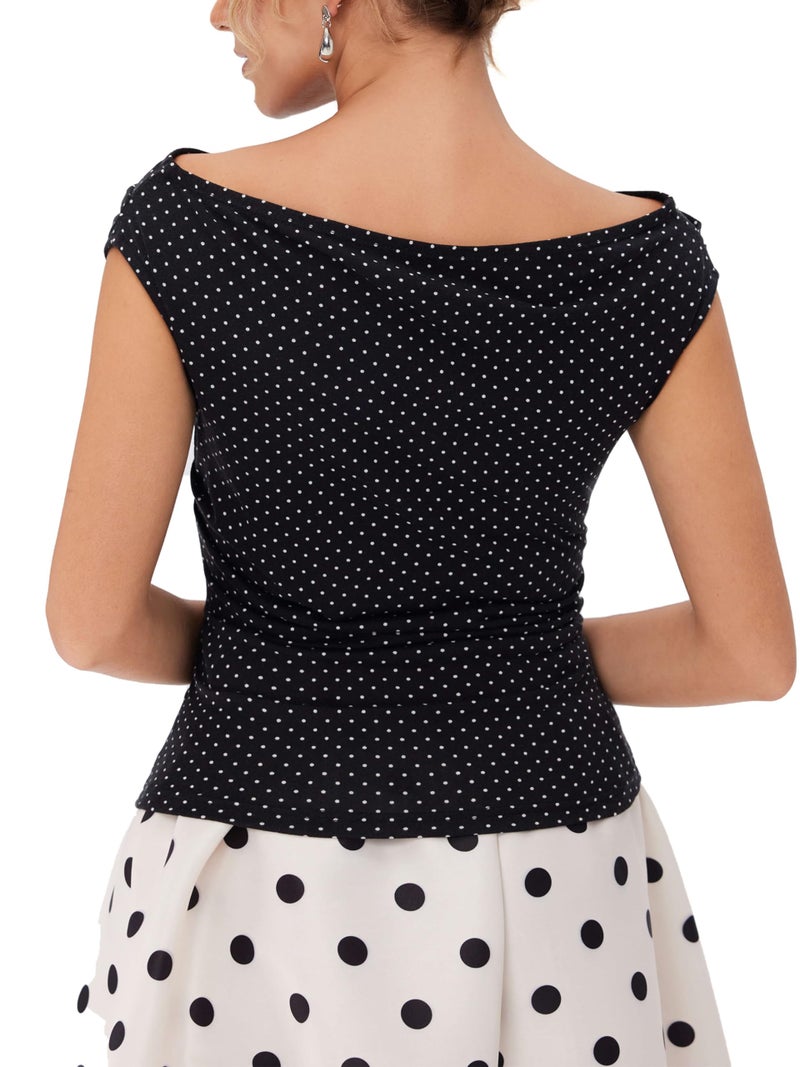 CIDER Women's Polka Dot Top Going Out Crop Tank Tops Boat Neck Ruched Summer Tops Trendy Cute Y2K Outfits Black - Image 5