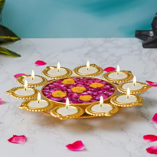 Webelkart Premium Diya Shape Gold Plated Decorative Urli Bowl with Wax Candle for Home Decor Handcrafted Bowl Diwali Decor Item (10" Inches) - Image 2