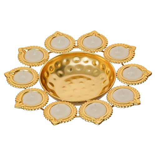 Webelkart Premium Diya Shape Gold Plated Decorative Urli Bowl with Wax Candle for Home Decor Handcrafted Bowl Diwali Decor Item (10" Inches) - Image 4