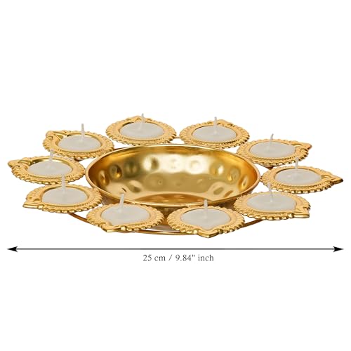Webelkart Premium Diya Shape Gold Plated Decorative Urli Bowl with Wax Candle for Home Decor Handcrafted Bowl Diwali Decor Item (10" Inches) - Image 3